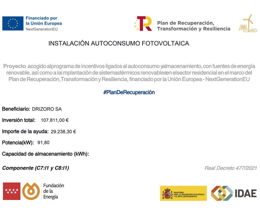 Instalación de autoconsumo fotovoltaica de DRIZORO financiada por NextGenerationEU
