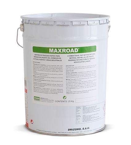 Lata de Maxroad, mortero de fraguado rápido para reparaciones de hormigón en autovías, puentes y áreas industriales.